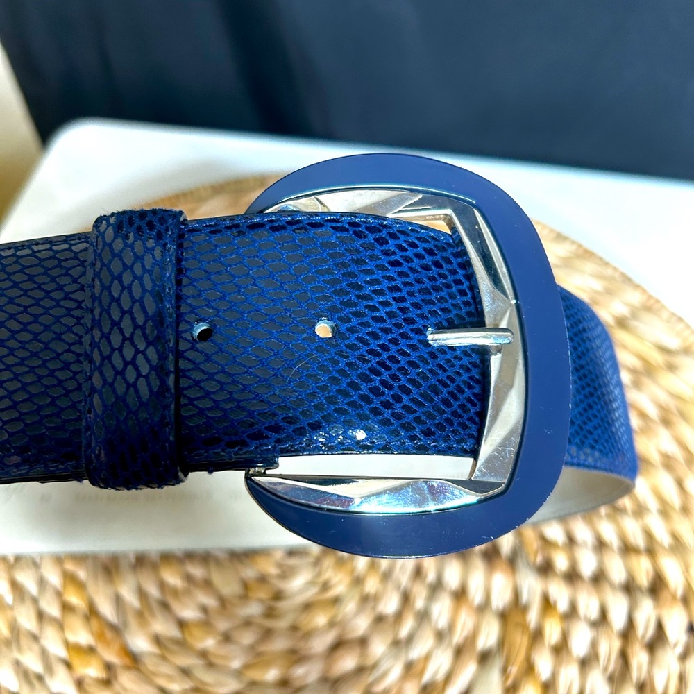 WHITE HOUSE BLACK MARKET Blue Leather Snakeskin Look STATEMENT Wide Belt Medium - Picture 2 of 8